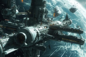 A futuristic space station orbiting Earth, with a diverse crew engaging in various scientific activities