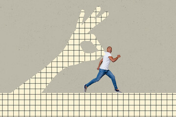 Creative collage young running scared man huge human arm holding catch control domination authority...