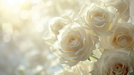 Elegant bouquet of  white roses bathed in soft sunlight for a  background.