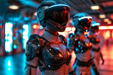 Naklejka premium Robotic figures in white armor and black helmets stand in a hallway with neon lights, giving a futuristic sci-fi soldier look