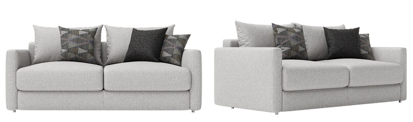Modern and white fabric sofa set with pillows  isolated on white background. Furniture Collection. 