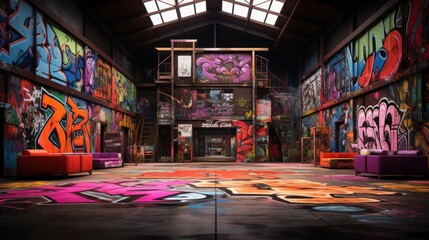 Vibrant graffiti art covering the walls of an abandoned warehouse, showcasing bold colors and intricate designs. Perfect for urban-themed projects