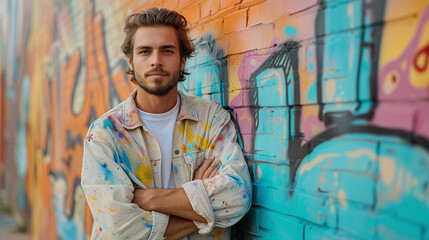 A young artist with crossed arms wearing a colorful paint-splattered jacket against a graffiti wall