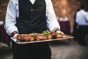 Waiter carrying tray with amazing meat dish. Catering service concept
