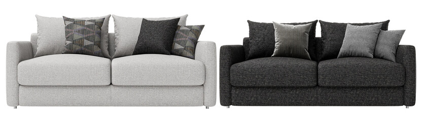 Modern gray and white fabric sofa set with pillows isolated on white background. Furniture...
