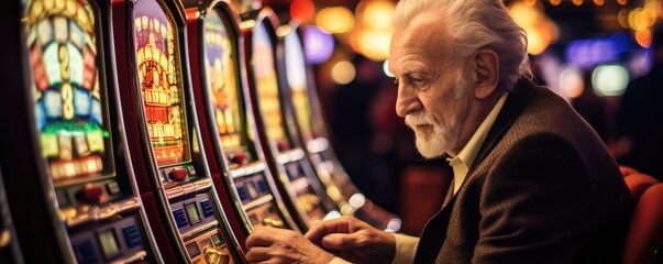 An old man playing on slot machine in casino - obrazy, fototapety, plakaty