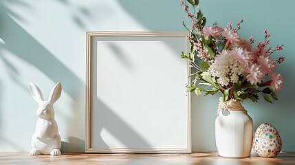 Simple, transparent product backdrop with a white empty frame resting on a white shelf, Generative AI.