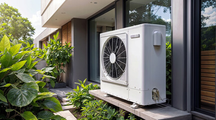 Residential building equipped with an environmentally friendly air source heat pump for sustainable and clean home energy - obrazy, fototapety, plakaty