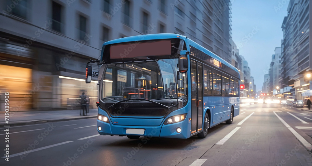 Wall mural A vibrant blue bus traversing the urban landscape, seamlessly blending with the flow of traffic on the road