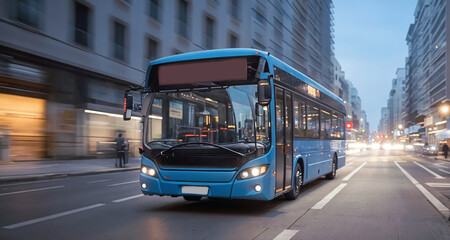 A vibrant blue bus traversing the urban landscape, seamlessly blending with the flow of traffic on the road