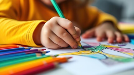 Naklejka premium The hands of a child draw a bright picture on a white sheet of paper with a set of colored pencils. Development and training concept