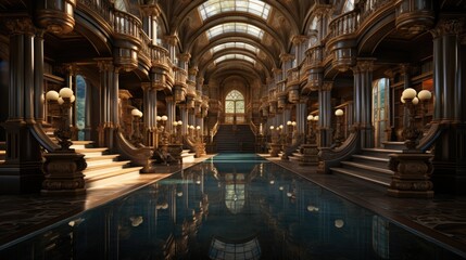 Impressive palace gallery featuring a stunning swimming pool that stretches along its entire length, creating an awe-inspiring visual spectacle - obrazy, fototapety, plakaty