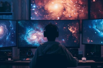 A person sitting at a computer with images of distant galaxies on the screen, representing the search for extraterrestrial life