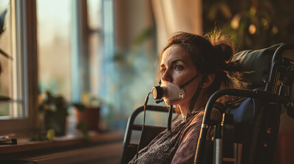 People who feel sick, sit in a wheelchair, wear a mask or ventilator. - obrazy, fototapety, plakaty