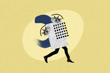 Creative photo collage running man suit bodyless headless postcard eye fragments elements face...