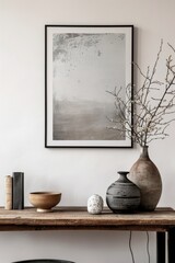 A stunning still life of vases and bowls adorn the wall, alongside delicate flowerpots and houseplants, creating a harmonious indoor oasis of pottery and art framed by a picture frame
