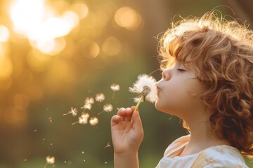 Amidst a sea of vibrant bubbles, a young girl with a playful smile blows on a dandelion, embracing the carefree joys of childhood in the great outdoors