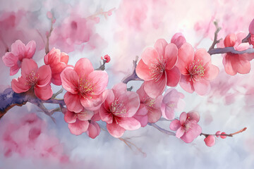 Card Illustration: A beautiful spring scene with blooming flowers on the branches. Displays bright pink flowers of sakura, oleander, and peonies.