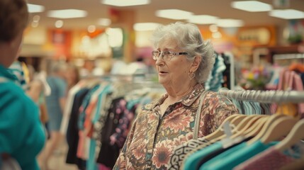 Elderly woman enjoys shopping in a clothing store at the mall.