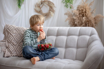 Cute preschool child, boy, eating strawberries at home
