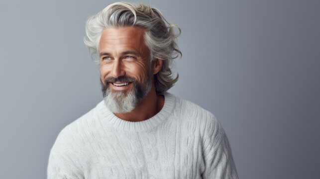 Portrait of a cheerful mature man with a white beard on grey background.