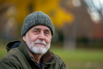A weathered man with a white beard and a knit beanie stands among the autumn trees, his rugged face and moustache framed by the beanie and jacket, capturing the essence of the changing seasons