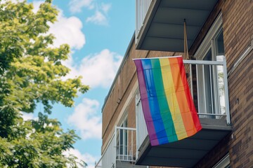 A rainbow flag hanging from a balcony in a suburban neighborhood, symbolizing LGBT+ presence and acceptance in different communities