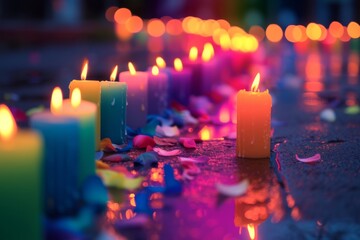 A rainbow-colored candlelight vigil scene, commemorating victims of LGBT+ hate crimes, fostering a sense of community and remembrance - obrazy, fototapety, plakaty