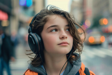 A fashionable woman confidently rocks her street style while listening to music through her headphones, as the bustling city and its buildings serve as her backdrop