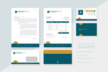 Corporate identity set including letterhead, invoice, name card and envelope.