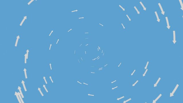 White arrows rapidly spin to center on blue background, Achieve a goal concept. 3d render animation