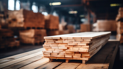 Stack of wooden boards in a warehouse.