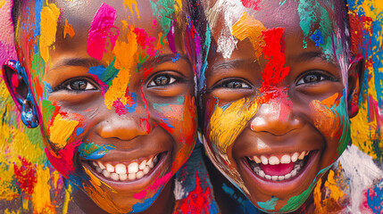 Smiling faces adorned with vibrant paint strokes