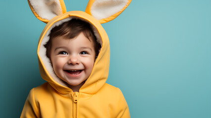 Little boy in an easter bunny costume.