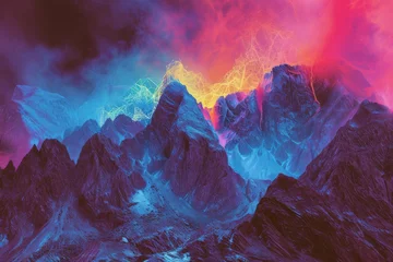  A majestic mountain range stands tall and powerful, its fiery lava flowing from a deep fissure vent, creating a stunning and dangerous landscape in the great outdoors © ChaoticMind