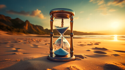 An hourglass over a sandy beach. - obrazy, fototapety, plakaty