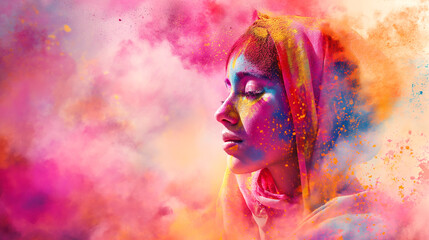 watercolor-style artwork capturing the essence of Holi with its fluid and dynamic color splashes