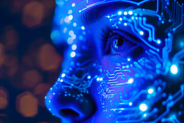 Closeup Woman's face with a circuto design in blue color