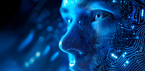 Closeup Woman's face with a circuto design in blue color