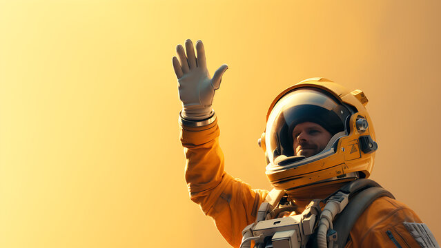 Astronaut waving on yellow background.