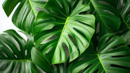 Fresh leaves of monstera plant lie on an isolated white background.