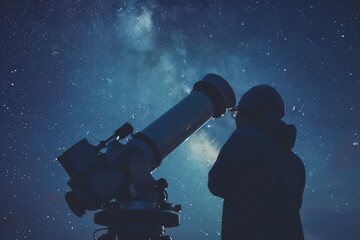 A scientist of any gender, possibly Asian descent, gazing through a large telescope in an observatory against a starry night sky - obrazy, fototapety, plakaty