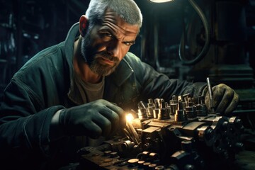 Obraz premium Worker overseeing metal cylinder head production