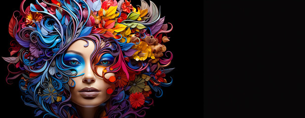 Portrait of a young woman with a luxurious hairstyle made of bright flowers and leaves on a black background. Advertising and shopping contrast panoramic banner with space for text