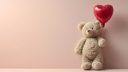 Bear holding a heart shaped balloon on light background.
