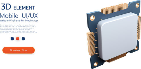 Isometric Computer Chip Heat Sink. 3D a CPU cooler with heat pipes. Detailed illustration of an advanced CPU cooler, featuring a heat sink and cooling fins, ideal for technology and computing design