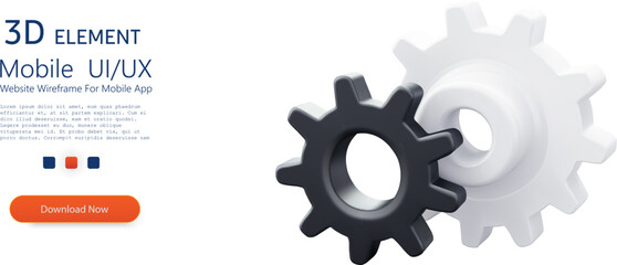 Interlocking Gears on Transparent Background. Two 3D interlocking gears, one black and one white, symbolizing integration and teamwork.