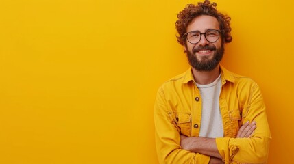 Fototapeta premium minimalist vivid advertisment background with handsome worker and copy space