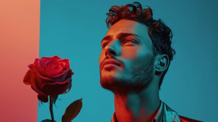 minimalist vivid advertisment background with handsome man with rose and copy space