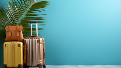 Suitcase with palm leaves on a turquoise blue background.
